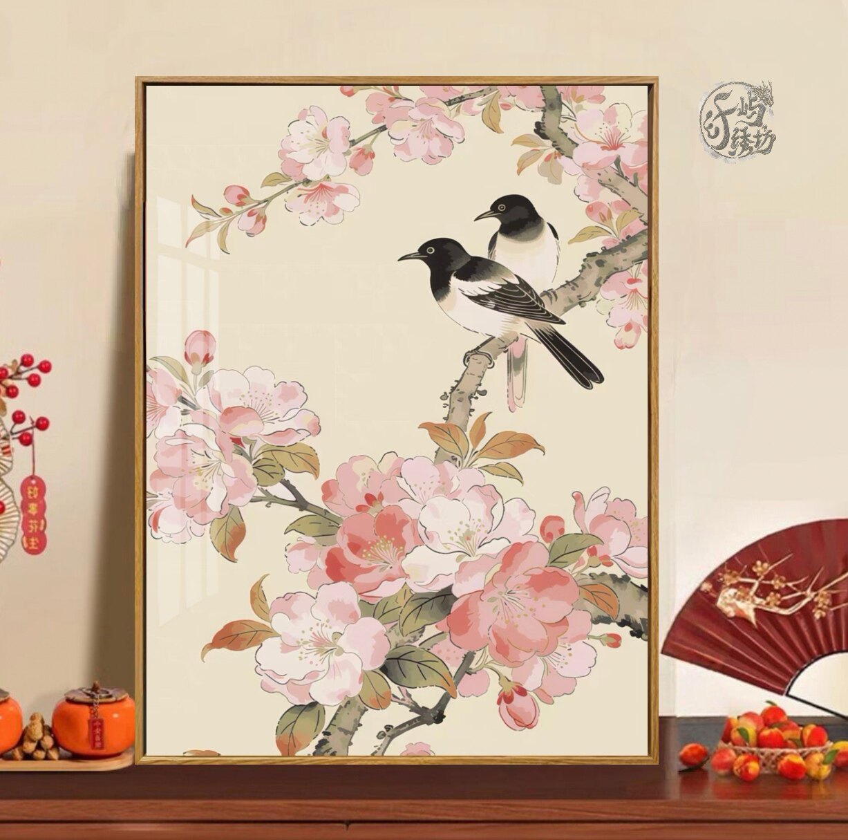 国风桃花喜鹊十字绣新款高颜值中式花鸟线绣客厅玄关diy手工刺绣