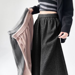 黑灰色羊绒糯米裤女秋冬加绒高腰宽松垂坠感微喇阔腿裤直筒弯刀裤