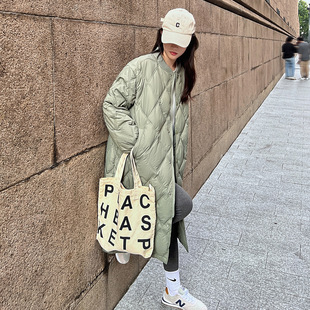 菱形格棉服女中长款过膝秋冬轻薄羽绒棉衣2026新款针织帽棉袄外套