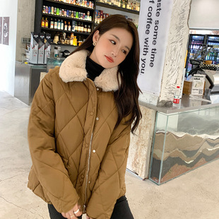 设计感拼接羊羔毛领轻薄菱格棉服女秋冬新款韩版chic休闲保暖棉袄