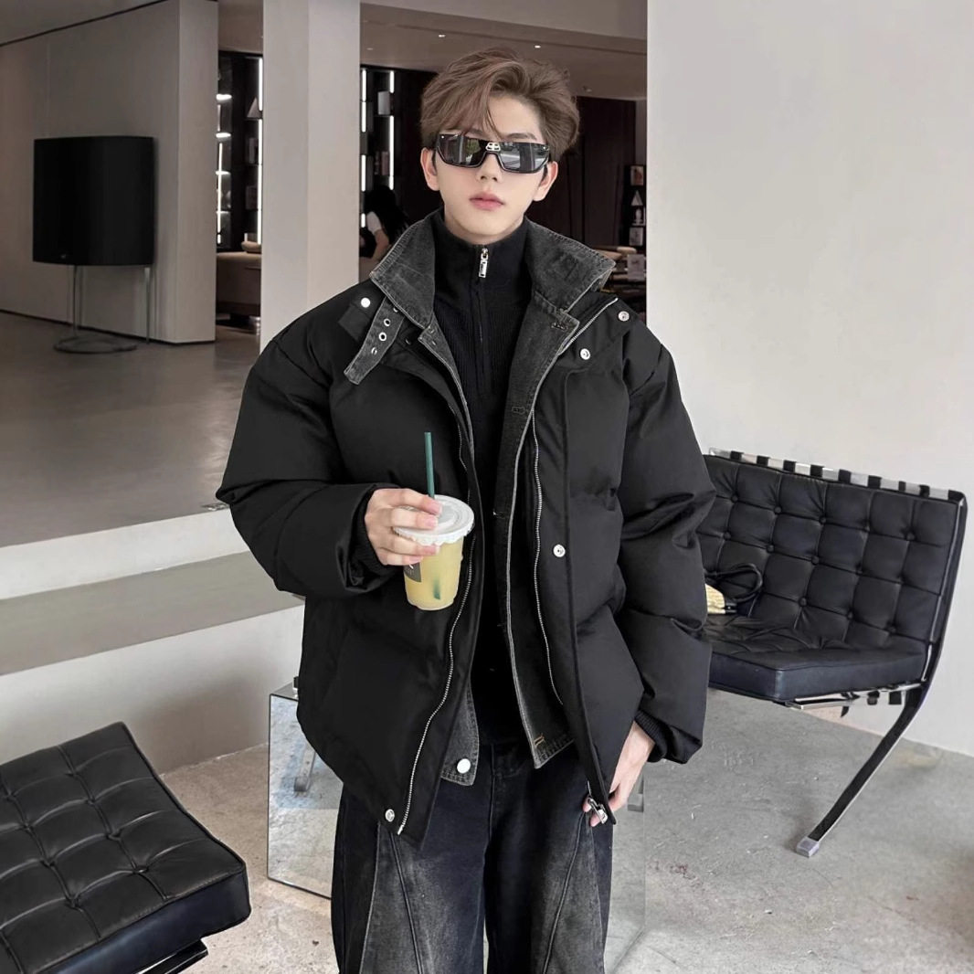 冬季男款牛仔拼接假两件面包服