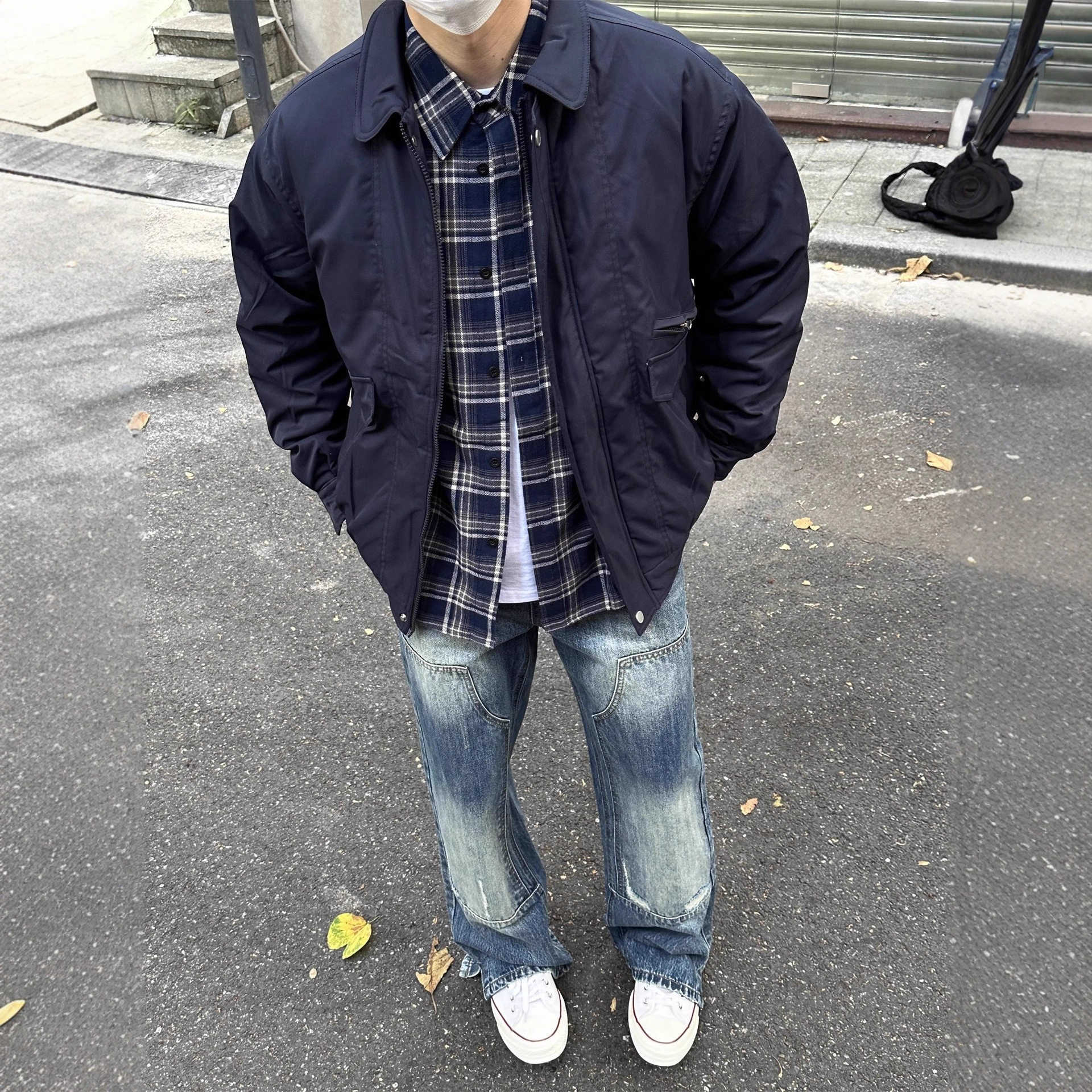 秋冬工装夹克口袋上衣男女青年宽松翻领藏青色棉服复古防寒外套潮