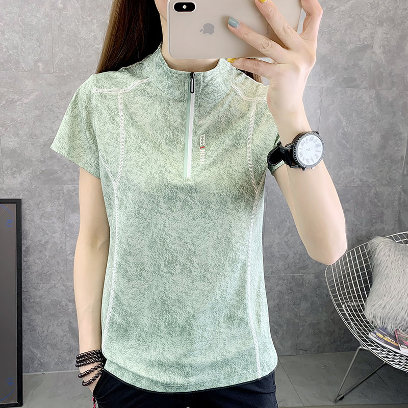 夏季速干t恤女立领短袖轻薄透气户外运动跑步半袖登山快干衣套装