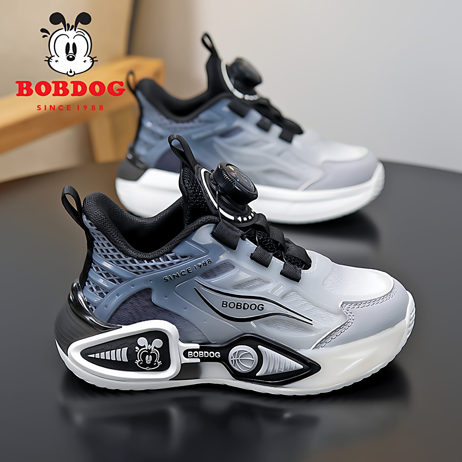 巴布豆男童运动鞋2026新款春夏季网面透气防臭防滑儿童黑色跑步鞋