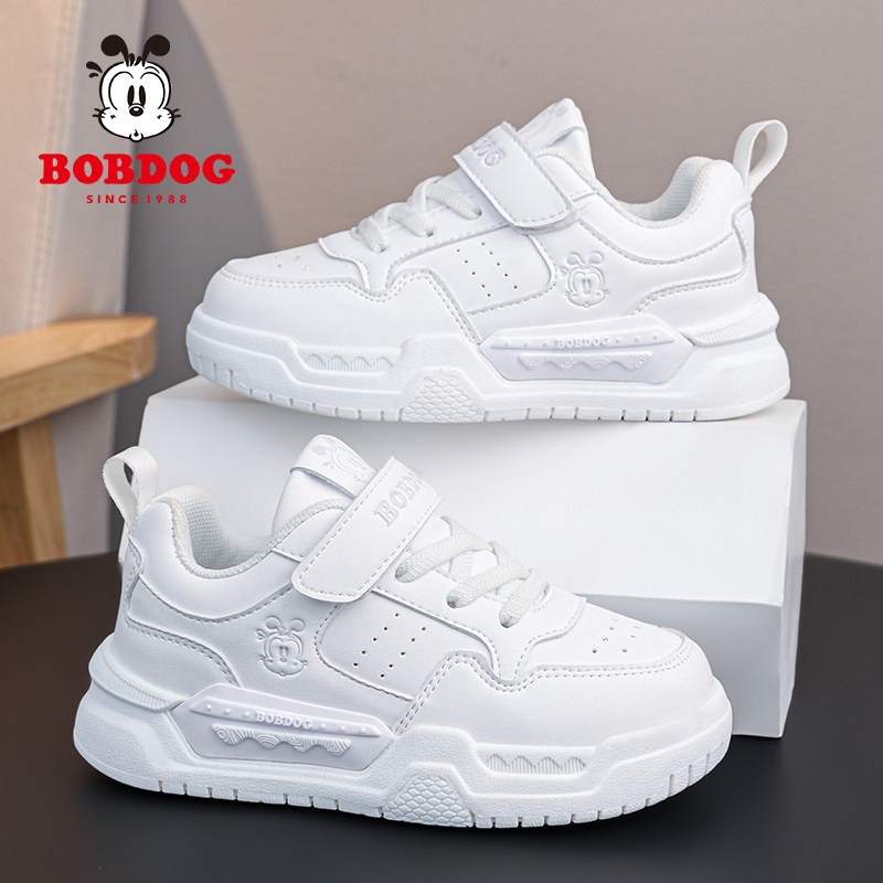 巴布豆男女童小白鞋皮面防臭板鞋