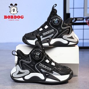巴布豆官方儿童篮球鞋防水皮面2025秋冬季加绒二棉黑色男童运动鞋
