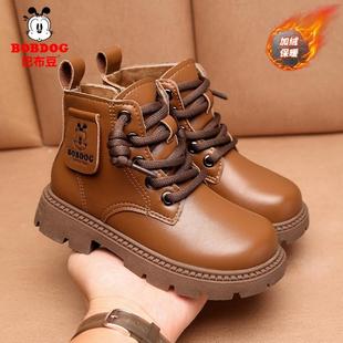 巴布豆儿童马丁靴2025新款冬季男童加绒保暖皮面防水高帮女童短靴