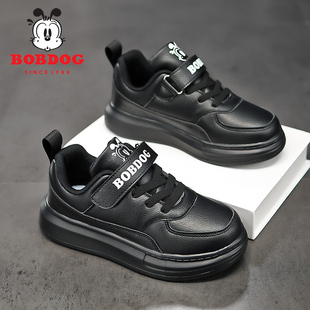 巴布豆儿童板鞋黑色2025新款皮面防水中大童表演纯黑男童休闲鞋