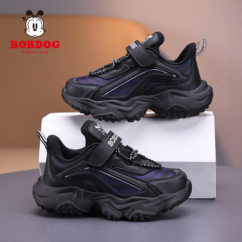 巴布豆男童运动鞋2026新款春秋季儿童网面透气防臭黑色女童跑步鞋