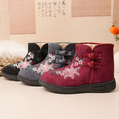 冬季老北京布鞋棉鞋一脚蹬民族风绣花加绒防滑中老年棉靴妈妈棉鞋