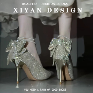席妍闪闪高跟鞋女2023新款蝴蝶结18岁成人礼水晶鞋结婚伴娘新娘鞋