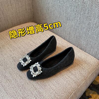 小个子内增高5CM~玛丽珍鞋女新款方头平底水钻方扣浅口加绒单鞋女