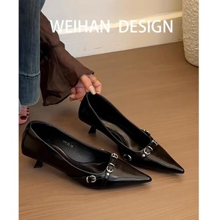 法式小猫跟尖头黑色高跟鞋女鞋子2024新款春秋季气质名媛银色单鞋