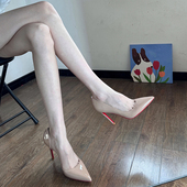 秋冬尖头细跟侧空漆皮气质名媛红底职业单鞋 裸色高跟鞋 女2024新款