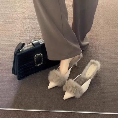 毛毛高跟鞋女冬外穿2024新款包头半拖鞋设计感小众御姐风尖头单鞋