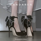 女18岁成年礼水晶鞋 婚鞋 2023新款 宛大人黑色高跟鞋 晚礼服细跟单鞋