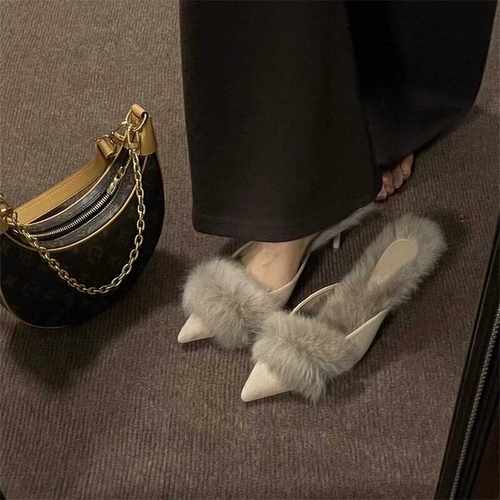 穆勒鞋秋冬细跟毛毛拖鞋女外穿包头高跟鞋加绒保暖法式小跟鞋新款