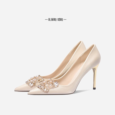 法式婚礼水晶新娘婚鞋秀禾主婚纱两穿高跟鞋不累脚宴会伴娘鞋单鞋