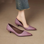 真皮春秋猫跟通勤工作鞋 2025新款 超火紫色尖头中跟单鞋 法式 女婚鞋