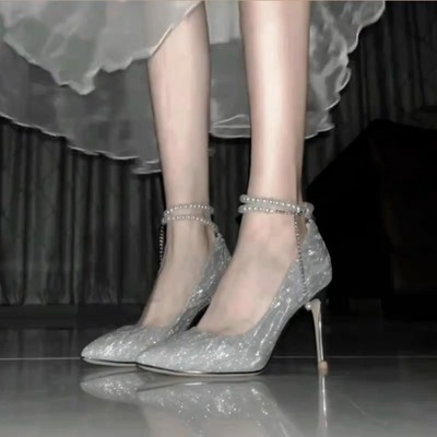 高跟鞋女细跟2025年秋冬季新款婚鞋女百搭尖头不累脚性感伴娘单鞋