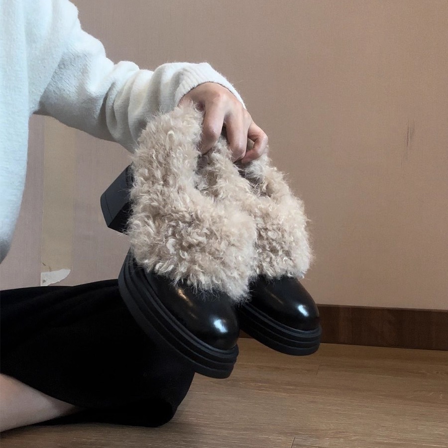 厚底增高7cm复古毛毛鞋女2025秋冬新款加绒高跟棉鞋玛丽珍小皮鞋