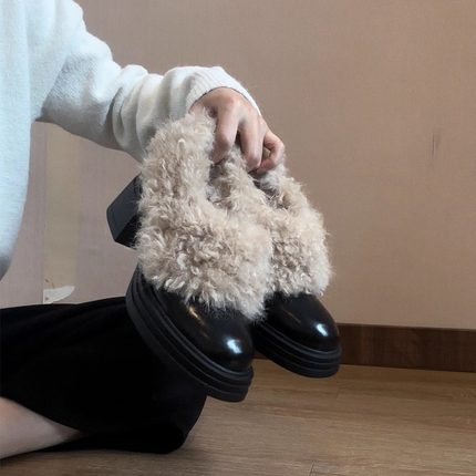 厚底增高7cm复古毛毛鞋女2025秋冬新款加绒高跟棉鞋玛丽珍小皮鞋