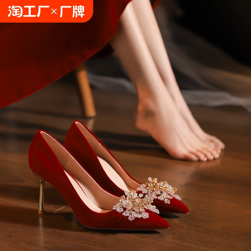 红色婚鞋女秀禾敬酒服婚纱两穿细高跟新娘鞋2024年新款中式礼服鞋