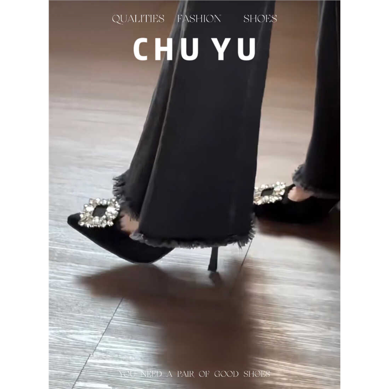 不累脚高跟鞋2024新款法式百搭黑色绒面OL职业工作鞋水钻细跟单鞋