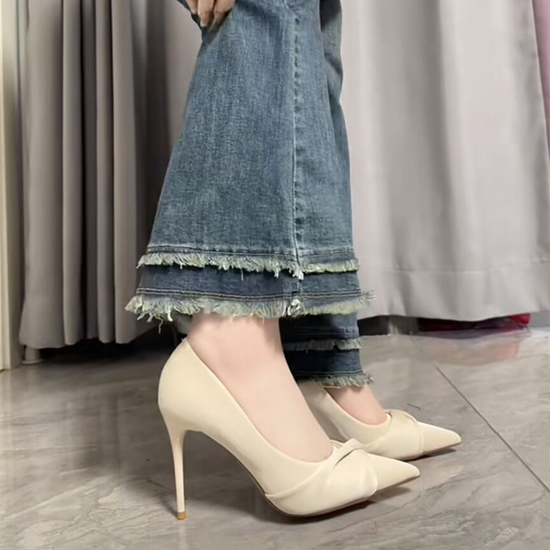 2024年新款法式仙女风高跟鞋女米白色百搭蝴蝶结尖头浅口细跟单鞋