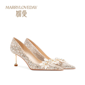 结婚鞋 绝美婚鞋 女新娘鞋 法式 婚礼禾秀婚纱两穿金色订婚水晶高跟鞋