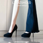 绒面尖头细跟厚底气质小个子不累脚鞋 黑色防水台高跟鞋 女秋冬法式