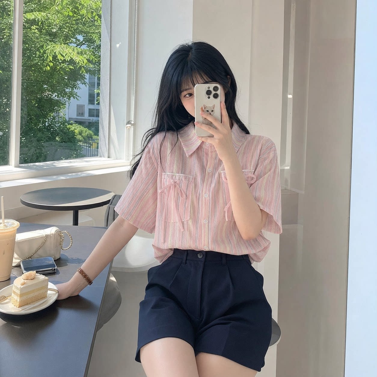 粉色格子短袖衬衫女夏季新款