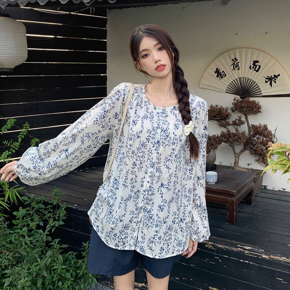 法式复古碎花防晒显瘦女衬衫
