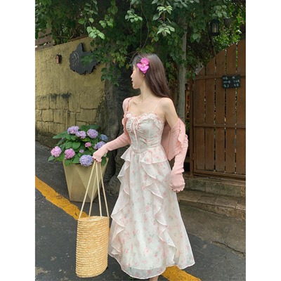 甜美风碎花吊带连衣裙套装女夏季薄款防晒开衫温柔气质收腰长裙子