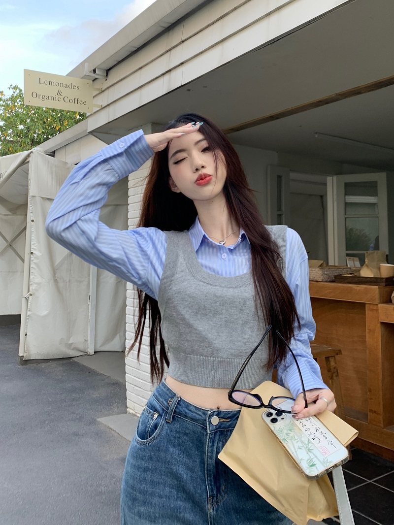 甜美风减龄时尚套装女春秋气质Polo领条纹衬衫无袖短款背心两件套,女装/女士精品,时尚套装,淘宝优惠券,粉丝福利购,淘宝优惠卷