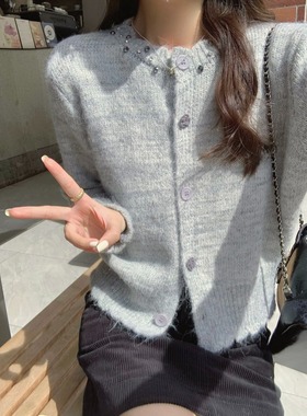 韩系温柔减龄紫色宽松软糯针织开衫毛衣女新款宽松休闲上衣潮