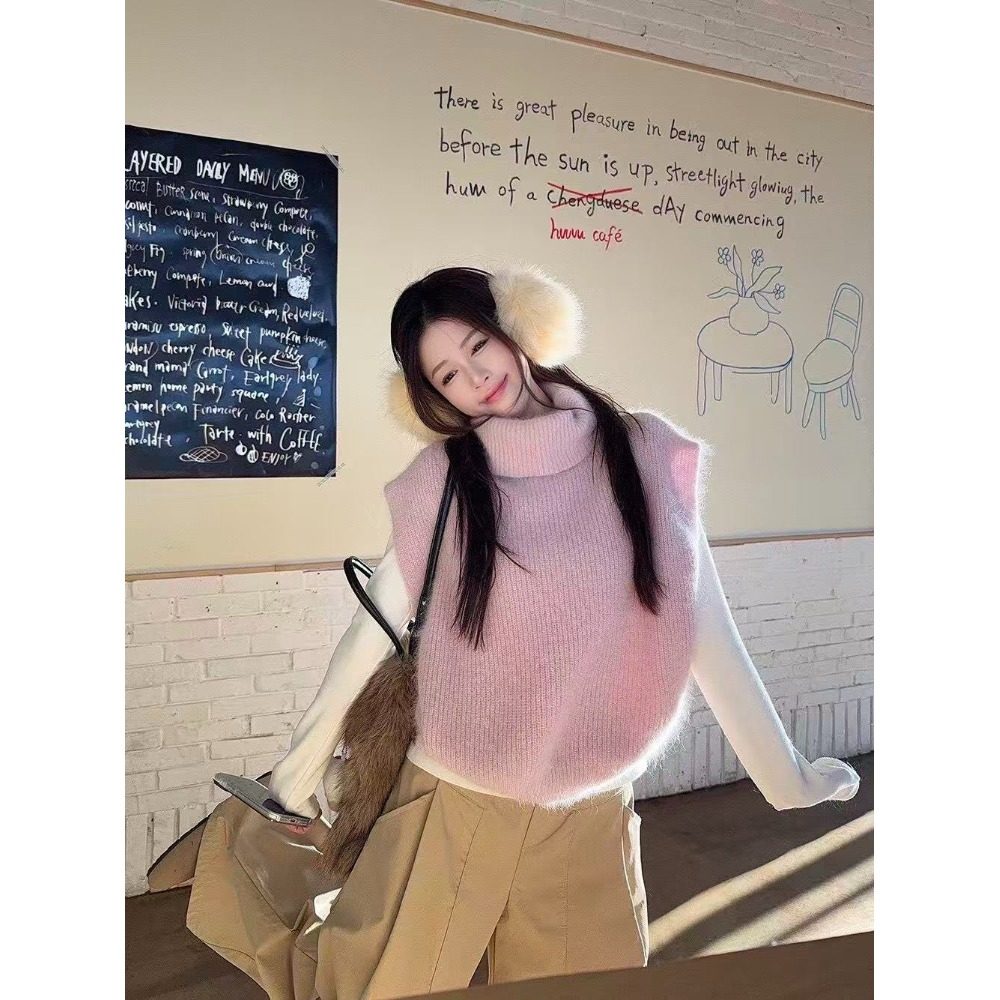 2026韩系简约高领针织背心毛衣女秋冬慵懒风宽松显瘦叠穿保暖马甲