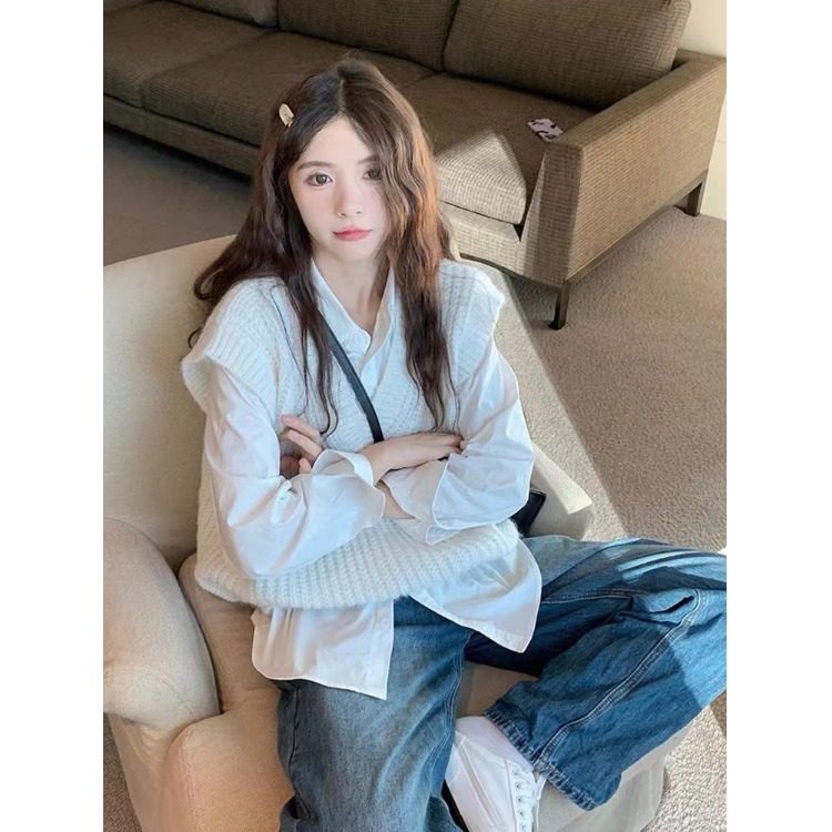 【两件套装】叠穿白色针织马甲女装秋季新款小个子日系毛衣白衬衫