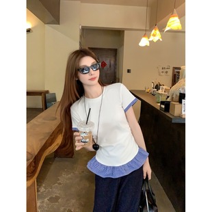 日系蕾丝拼接蓝色格子裙摆褶皱短袖T恤女春夏纯欲BM内搭正肩上衣