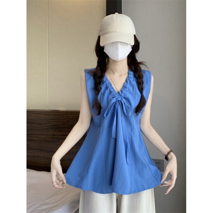 法式V领系带无袖背心女夏季