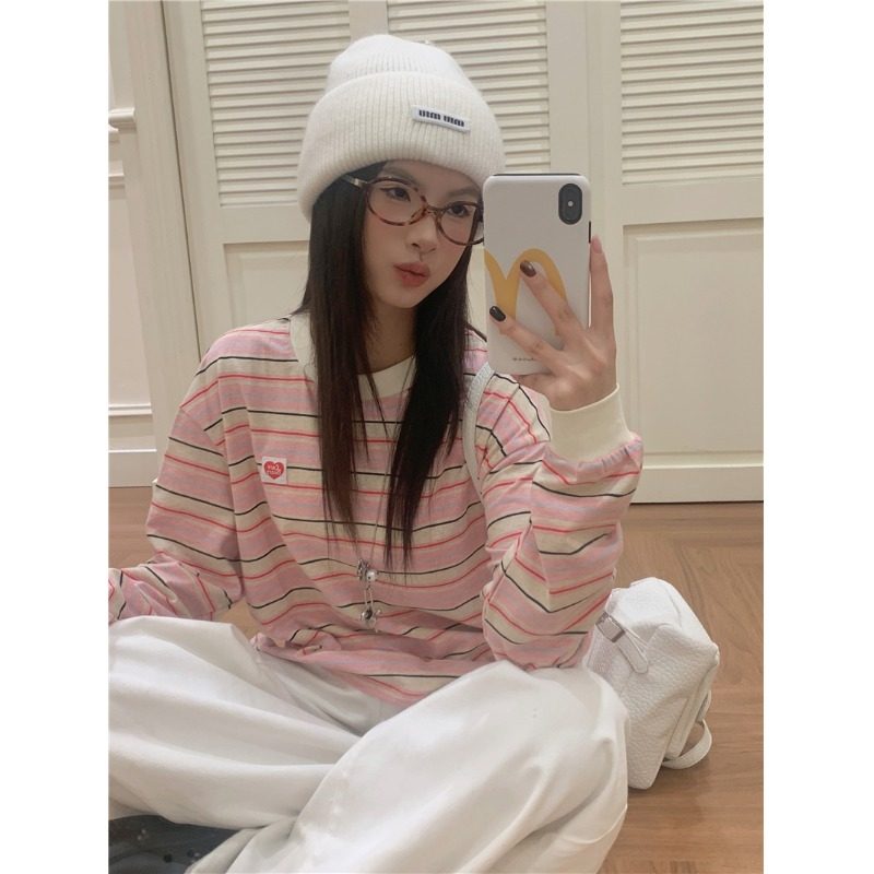 美式学院风甜美条纹拼接长袖t恤