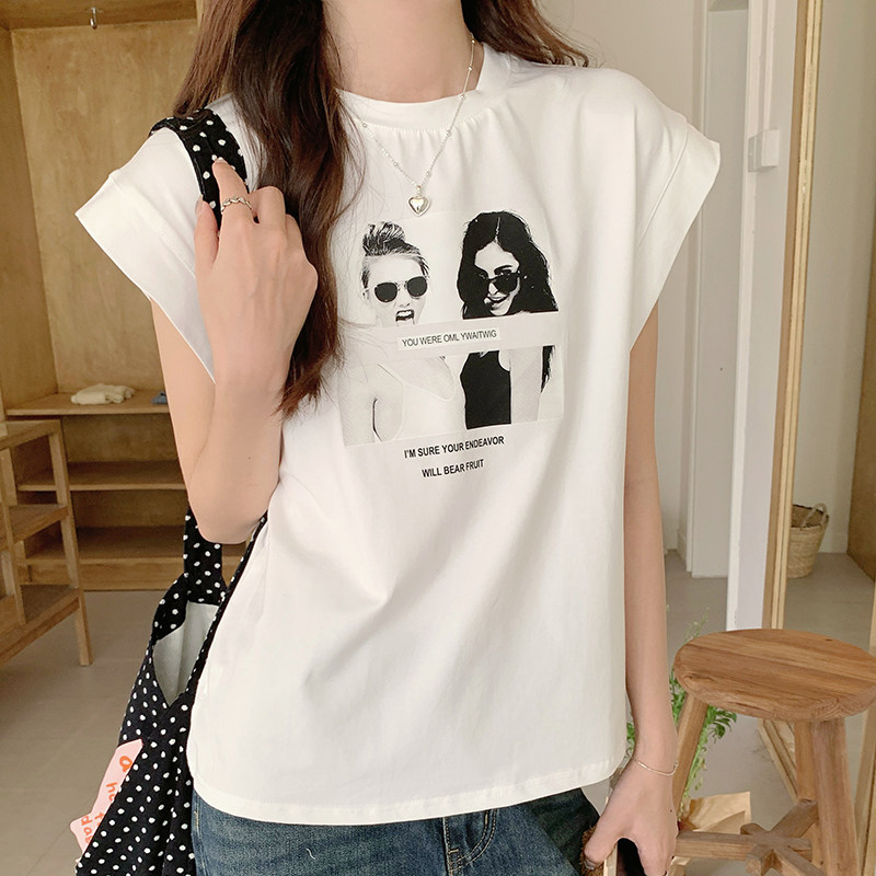 美式白色正肩印花无袖t恤女短袖夏季小飞袖坎肩背心宽松上衣ins潮