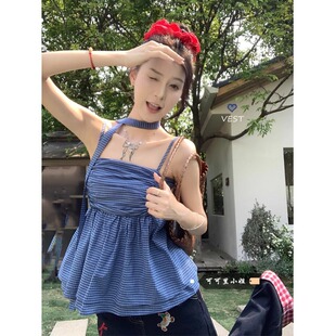 法式格纹花边裙摆式飘带挂脖吊带背心女夏季褶皱抹胸短款无袖上衣