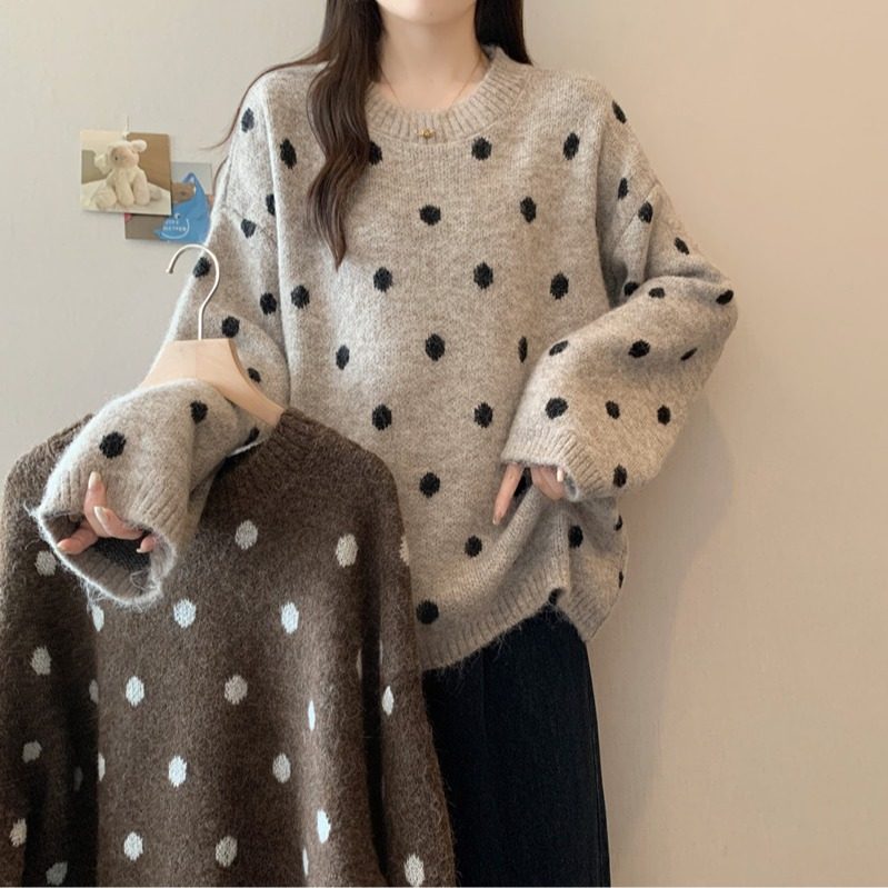 卡色波点长袖套头毛衣女秋冬2025新款大码胖mm宽松慵懒针织衫上衣