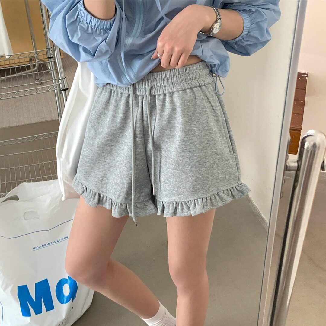 夏季高腰抽绳木耳边阔腿短裤女