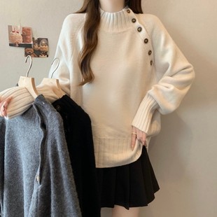 韩系大码半高领灰色毛衣女春秋新款黑色宽松慵懒针织衫学生打底衫