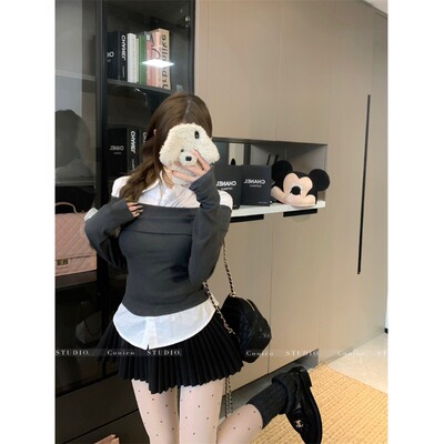 纯欲风辣妹假两件polo领长袖T恤