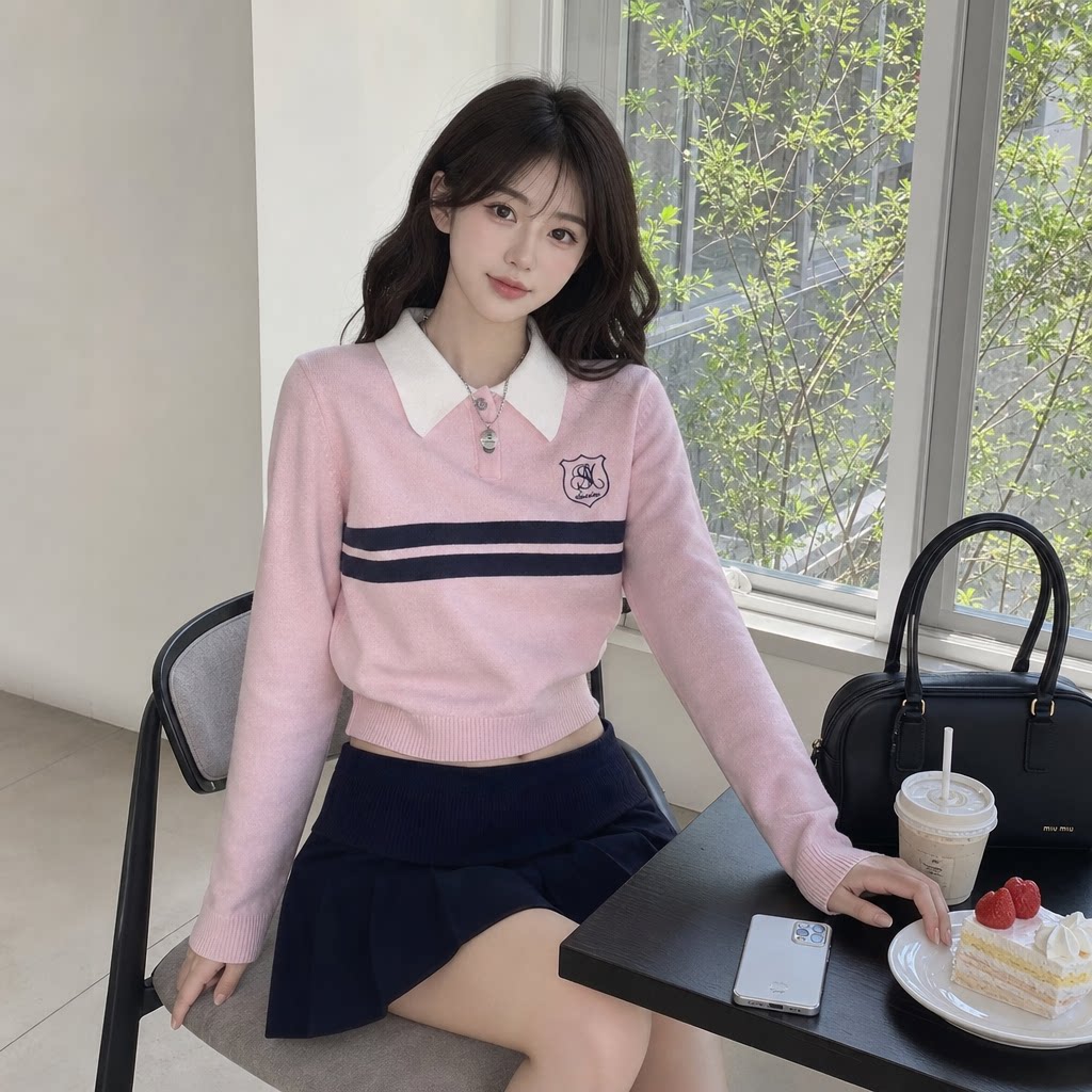 纯欲polo领条纹修身打底毛衣女