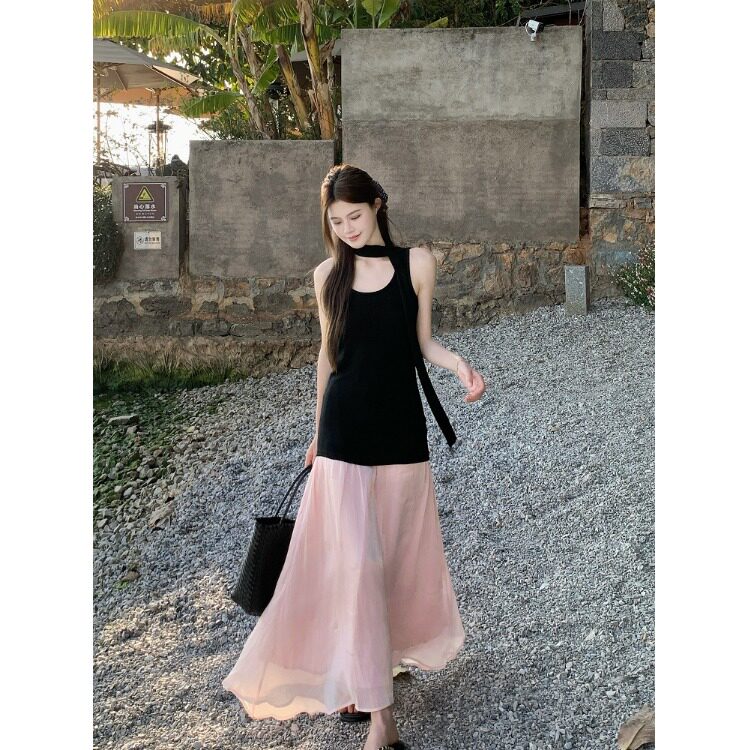 粉色甜美气质半身裙新款松紧高腰宽松超仙裙子夏季百搭韩版长裙