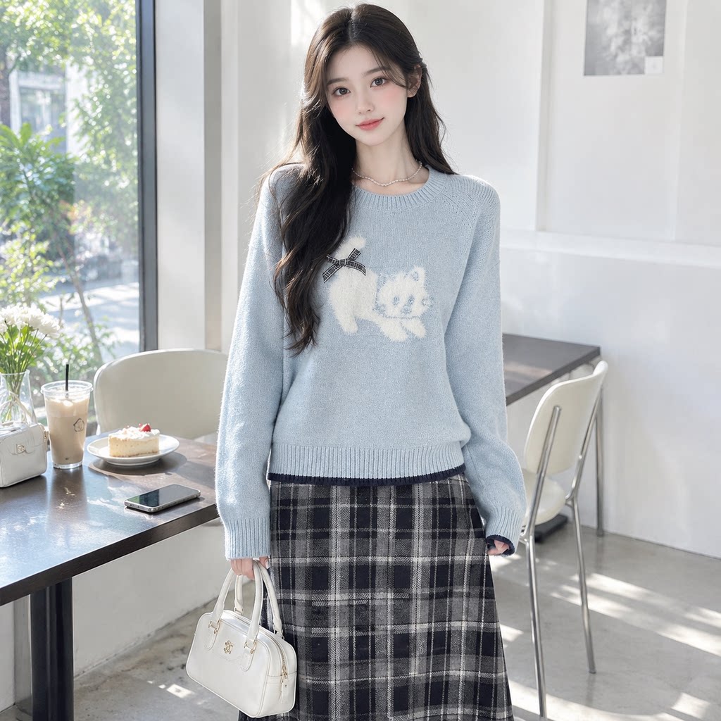 冬季慵懒风圆领宽松蝴蝶结毛衣女